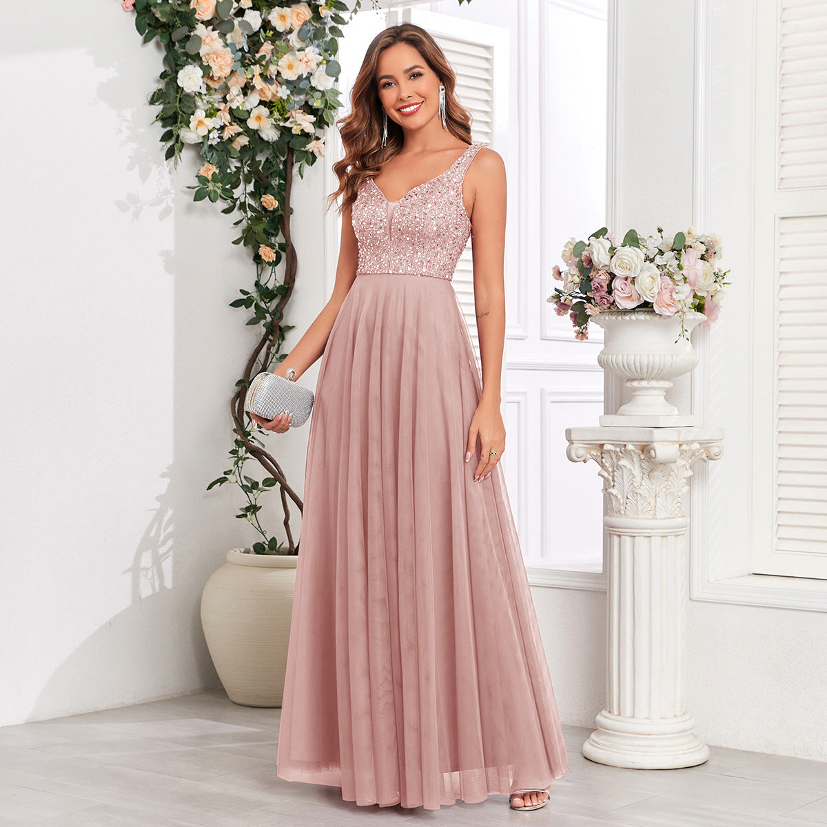 Robe de soirée à mailles pailletées Double V-Neck