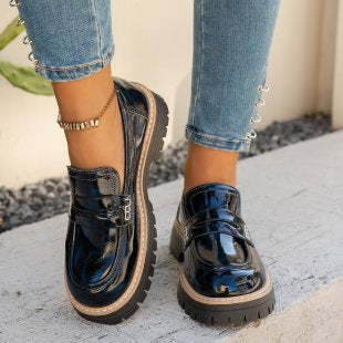 Cuir d'automne ceinture-Buckle Patent cuir Leopard-Imprimé Vintage Femmes Chaussures