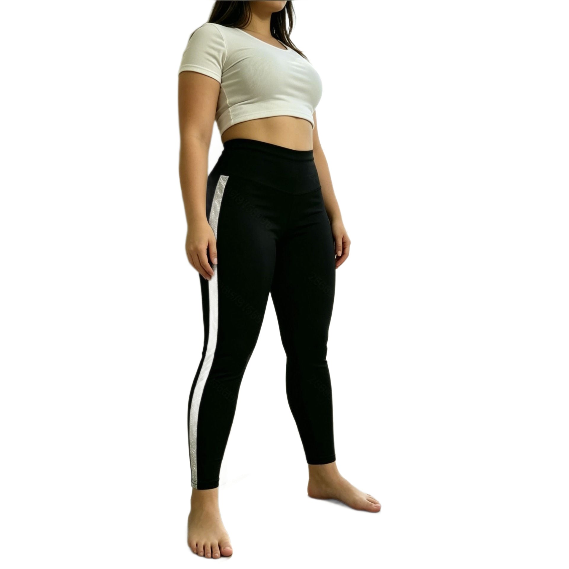 Leggings de yoga à rayures blanches et argent à haute largeur