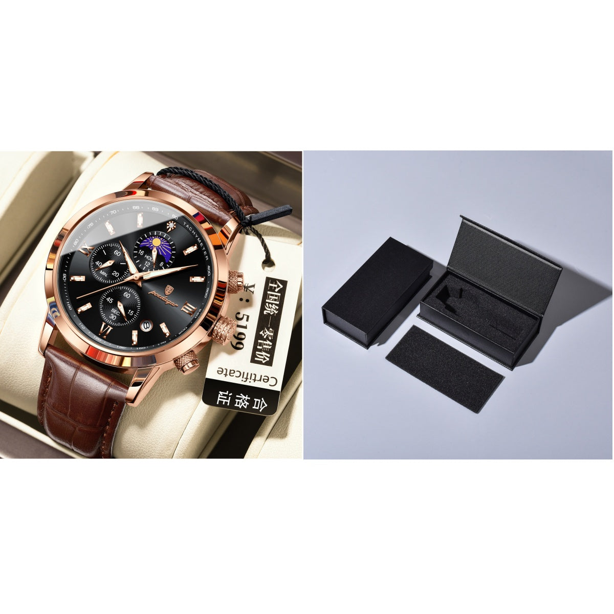 Montre homme avec phase lune et chronographe multifonction