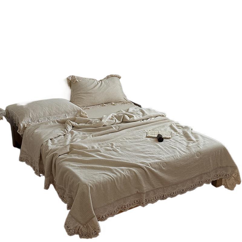 English Herringbone Jacquard Cotton Linen Double Bed Washable Summer Cooling Quilt with Lace