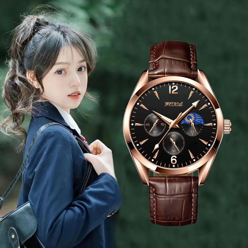Fausse mode simple Ceinture en acier à trois yeux Montre Quartz