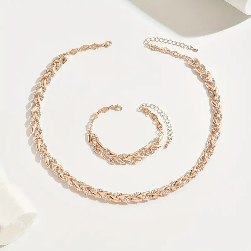 2PCS Collier de collier de feuille de verre Set Élégant collier chaîne en Strass Bracelet pour femme Mode