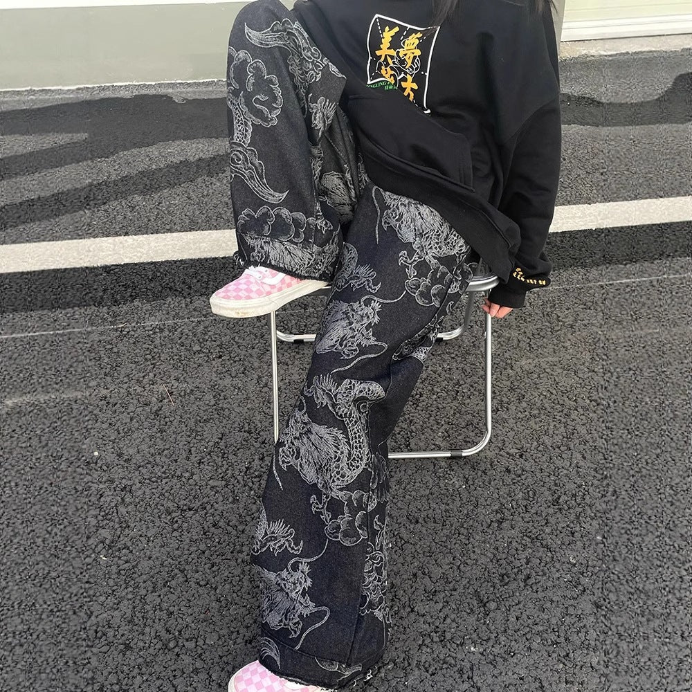 Style américain Vintage Edgy Dragon-print Slimming Large-leg Denim Pantalons