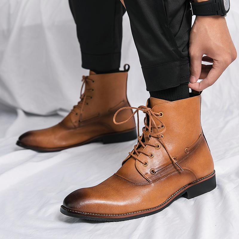 Men's British Style Height-Increasing Leather Boots Pointed Toe Leather S