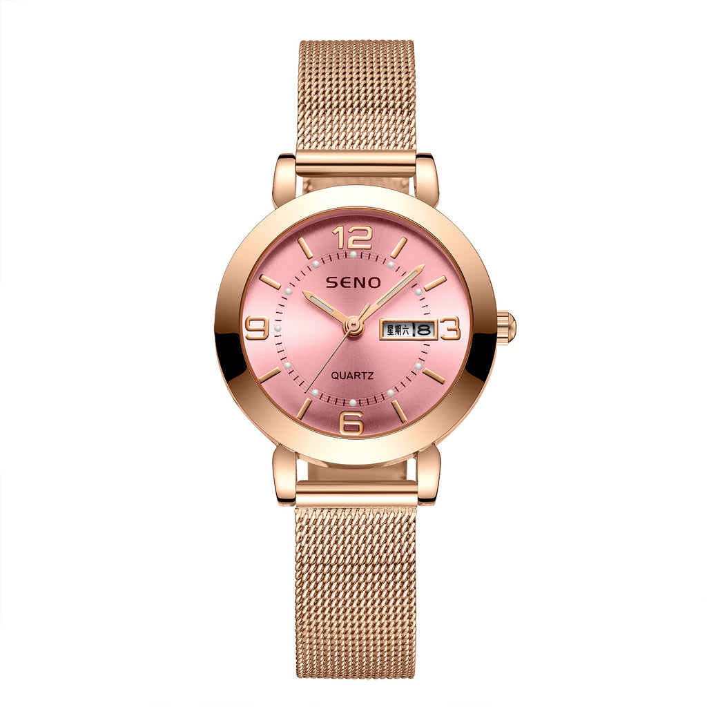 Lumière de nuit Imperméable Dual Calendar Montre Quartz en alliage pour femmes