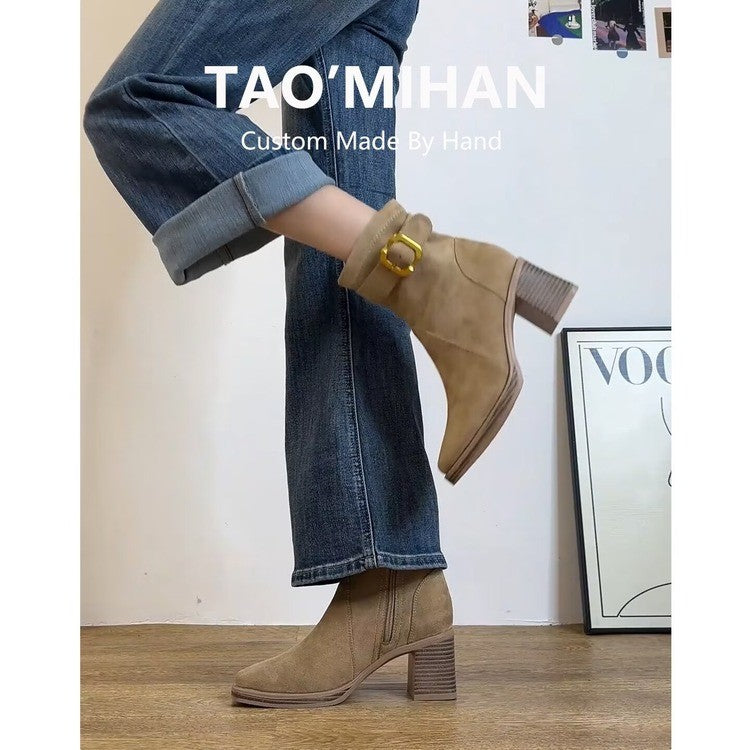 Bottes d'orteil carrées à talons hauts pour femmes