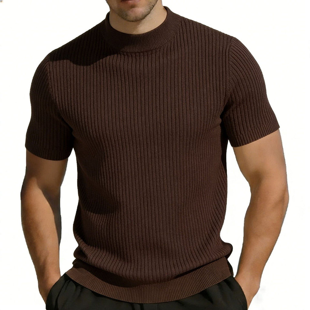 T-shirt tricoté à manches courtes pour homme Mock Neck Couleur solide