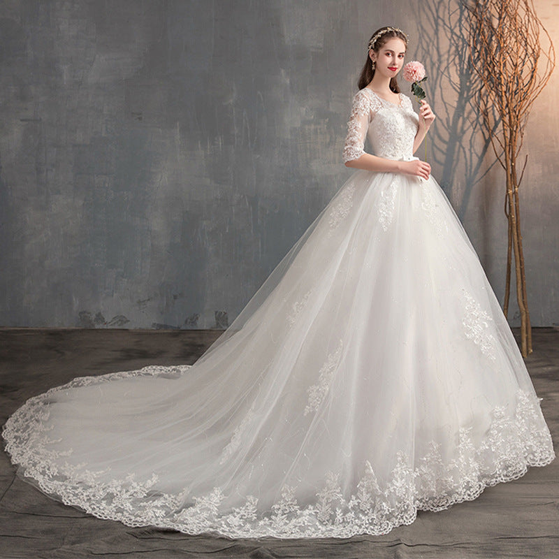 Robe de mariée Trailing Deep V Col Dentelle Haute Robe de mariée à manches longues
