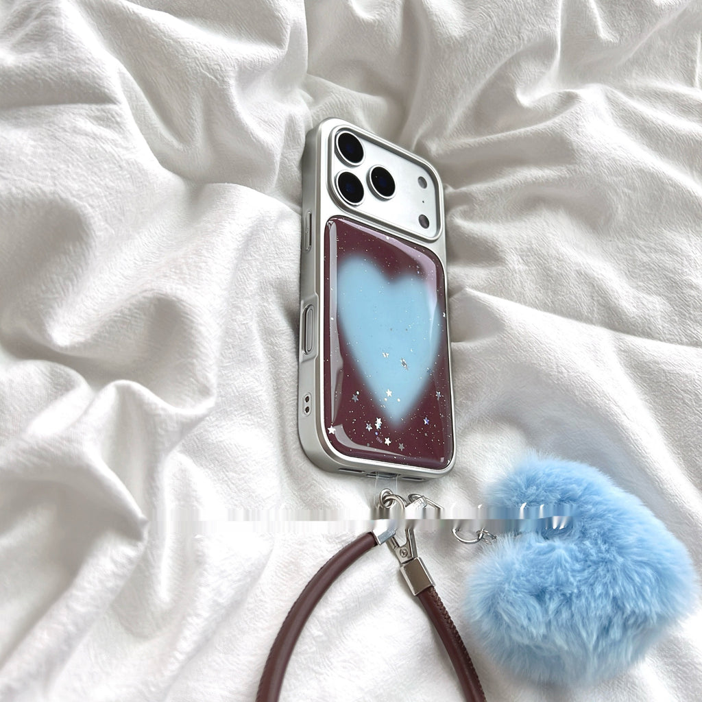Cas haut de gamme de téléphone bleu glutteur brun Cœur