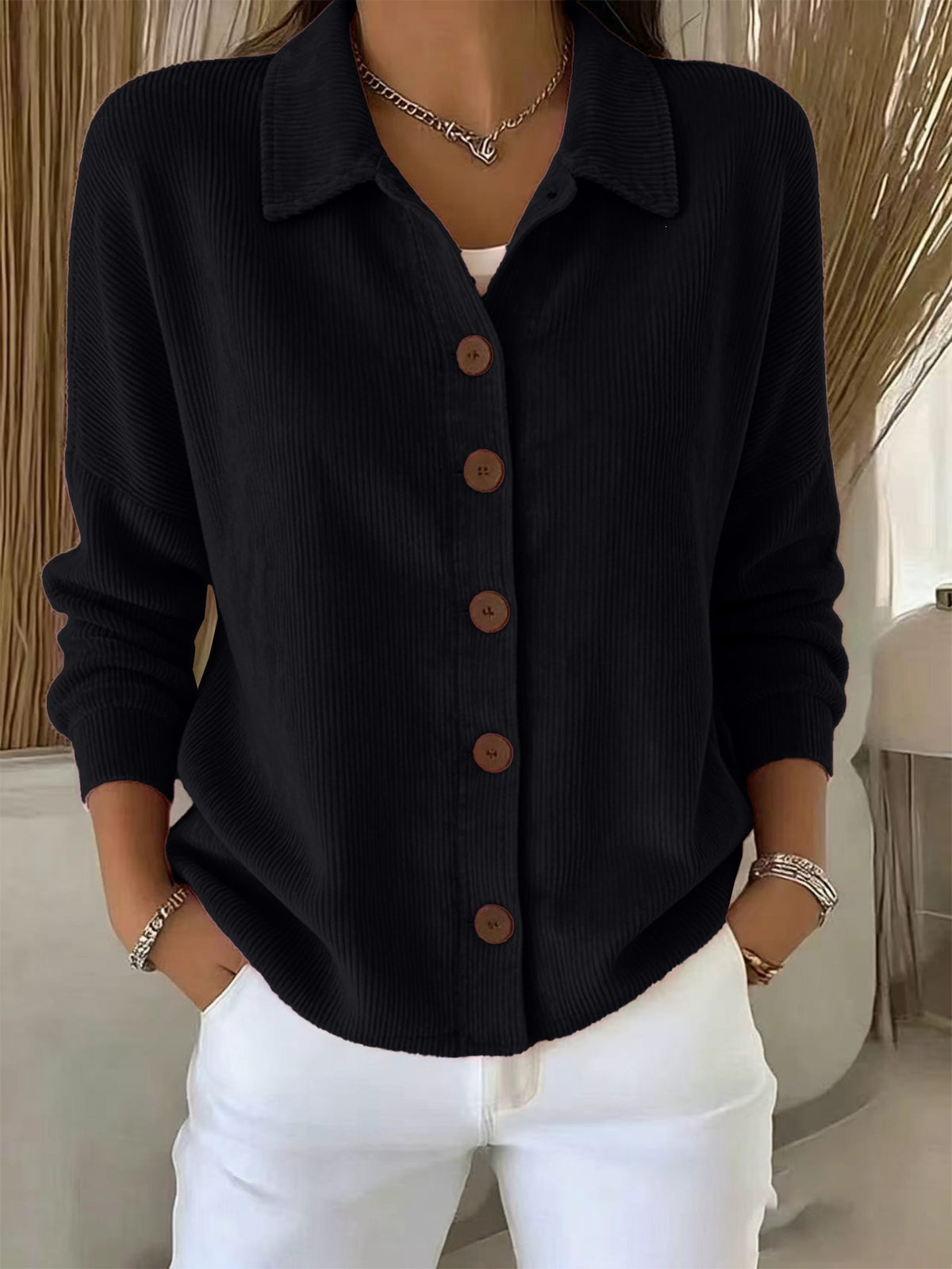 Européen et américain Solid Color Cardigan à manches longues Casual Fashion Button-Up Top Femmes'