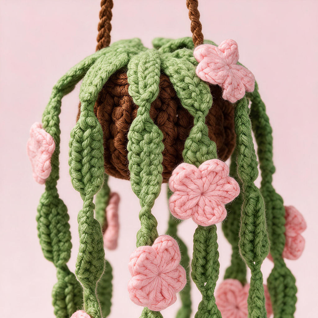Crochet à la main suspendu Pot ornement avec des feuilles vertes trailing et des fleurs roses jamais