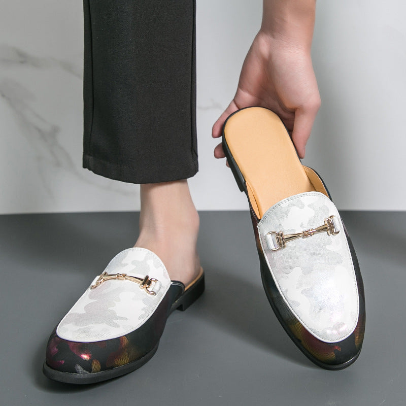 Style Fermé orteil demi-dépliant-Flops Hommes Couleur métallique Sandales en cuir coupées en V peu profond