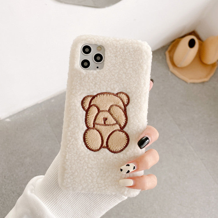Téléphone mobile coque mignon dessin animé ours laine d'agneau velours broderie