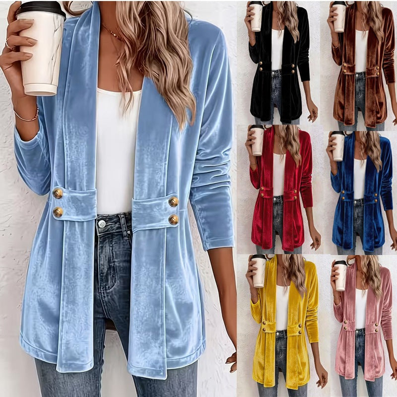 Femmes Velvet Ouvert Cardigan Avant Manches Longues Double Bouton Décor Vêtements de dessus Casual