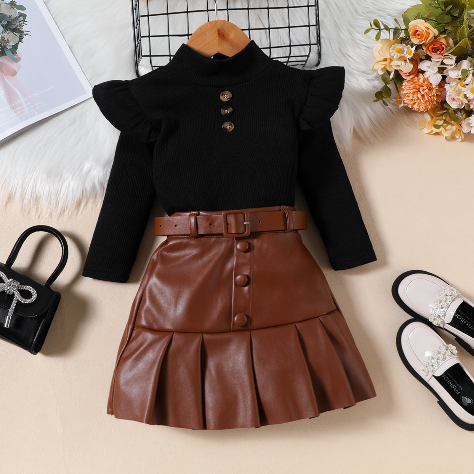 Ceinture de jupe plissée en cuir PU à manches longues haute