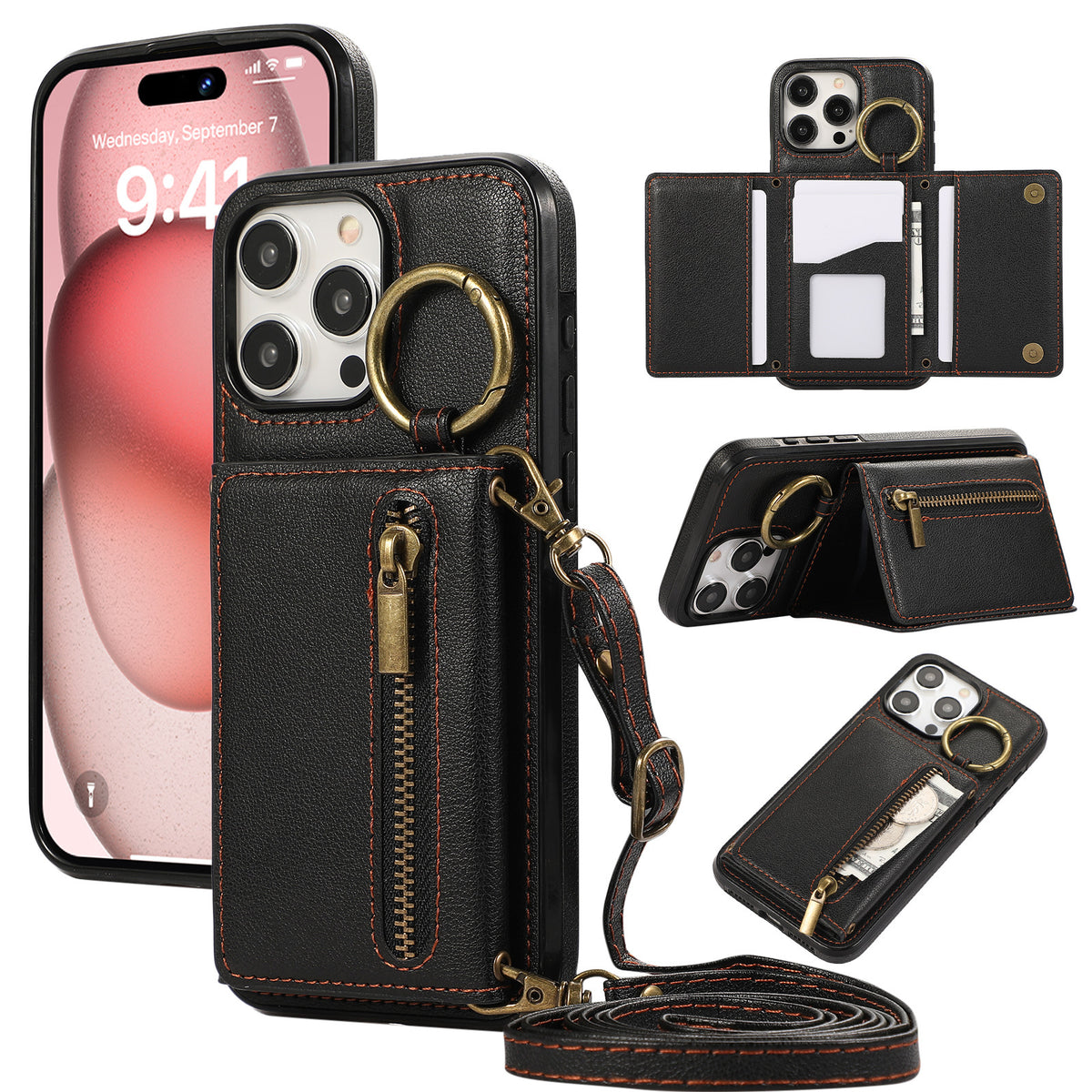 Convient pour IPhone16 Crossbody Mobile Phone Porte-cartes zippées à triple pli