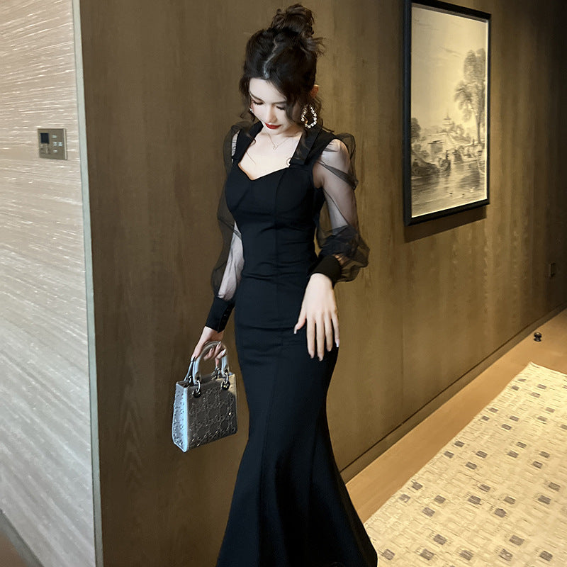 Style français Collier carré Robe longue pour femmes Hepburn Style Elégant Socialite Puff Mesh