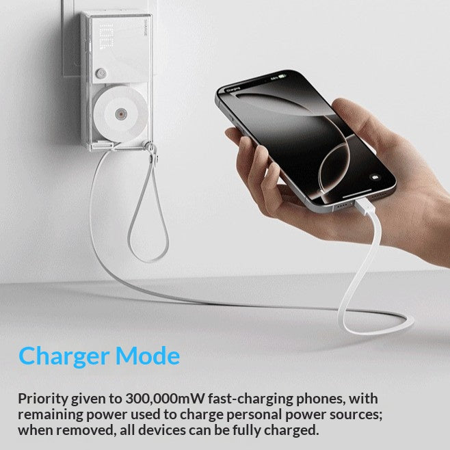 Banque de puissance 3-en-1 avec prise de charge 30W intégrée et câble rétractable pour recharge rapide