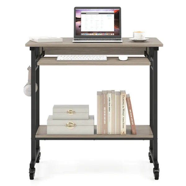 Bureau d'ordinateur mobile gris avec plateau et plateau de rangement