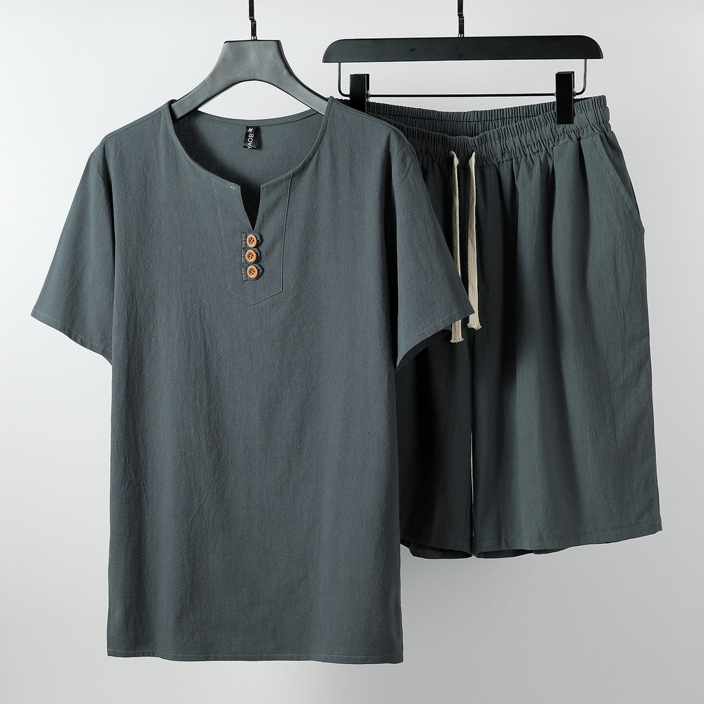 Ensemble de T-shirt en lin retro manches courtes pour hommes