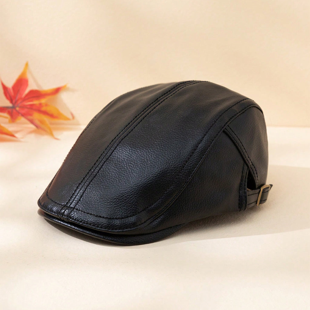 Hommes couleur solide PU cuir chaud et coupe-vent réglable chapeau avant adapté pour