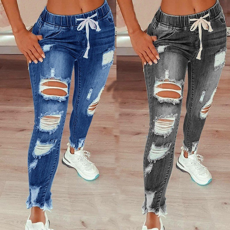 Amazon Européen et américain Style Elastic Waist Jeans Femme Haute-Waisted Skinny