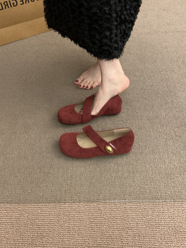 Femmes Suede Rouge Mary Jane Chaussures Printemps Automne Une Bande Velcro Chaussures Plats pour Matching Dr