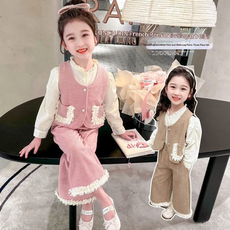 Chemise de Veste en dentelle et pantalons à jambes larges Ensemble de trois-pièces pour enfants