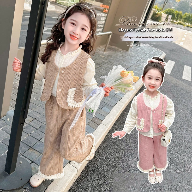 Chemise de Veste en dentelle et pantalons à jambes larges Ensemble de trois-pièces pour enfants