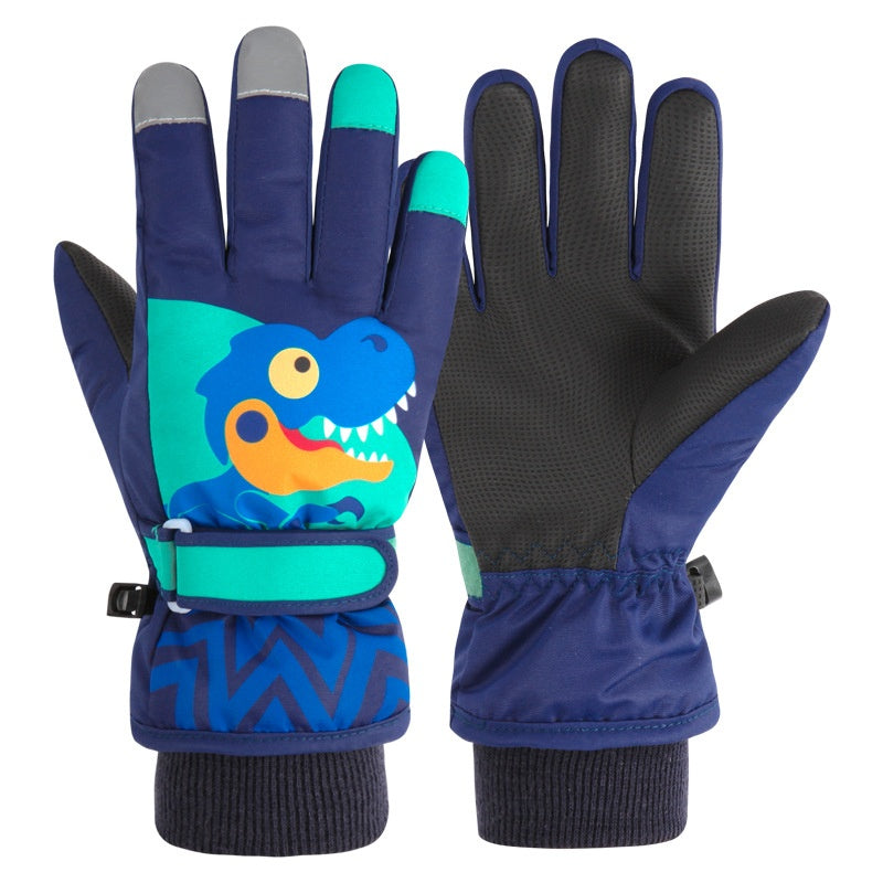 Ski pour enfants Velvet chaud à l'épreuve du vent rembourré Petits gants Dinosaure épais