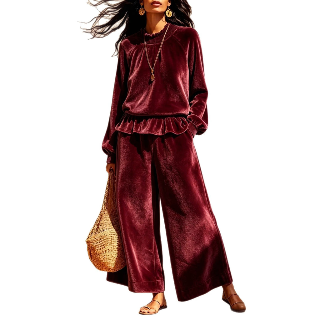 Fashionable femmes Casual Top et large-leg Pantalons ensemble