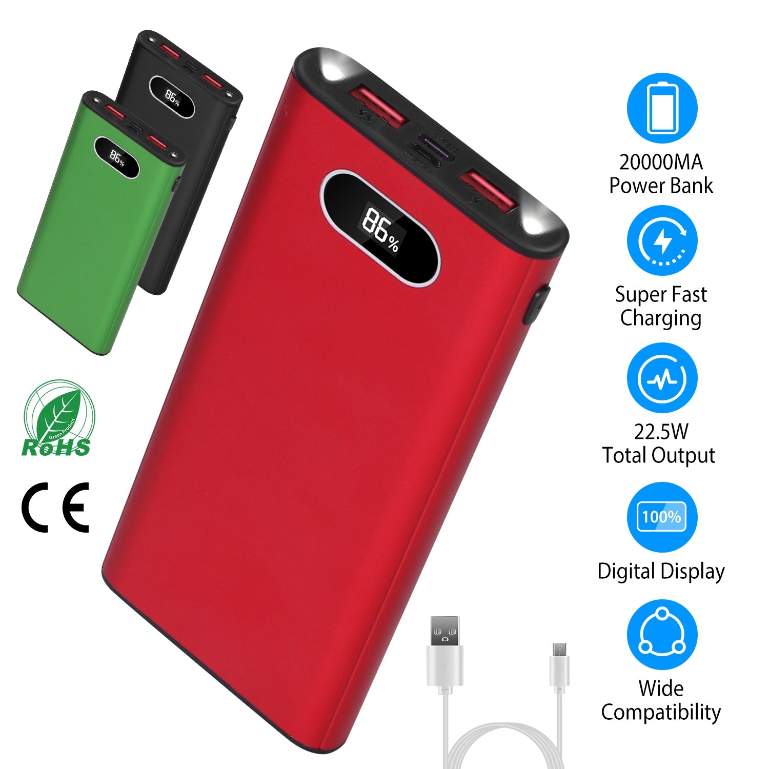 Options couleur rouge vert-noir -- 1Pc 20000Mah Power Bank Chargeur Portable Batterie externe
