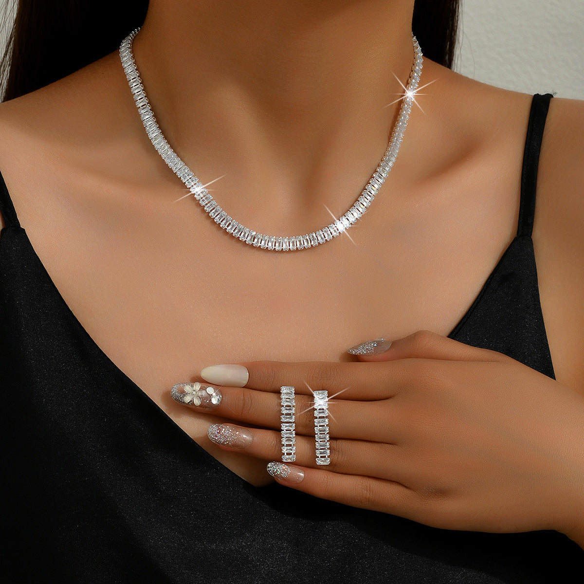 Women's zircon jewelry set, necklace, earrings, and bracelet