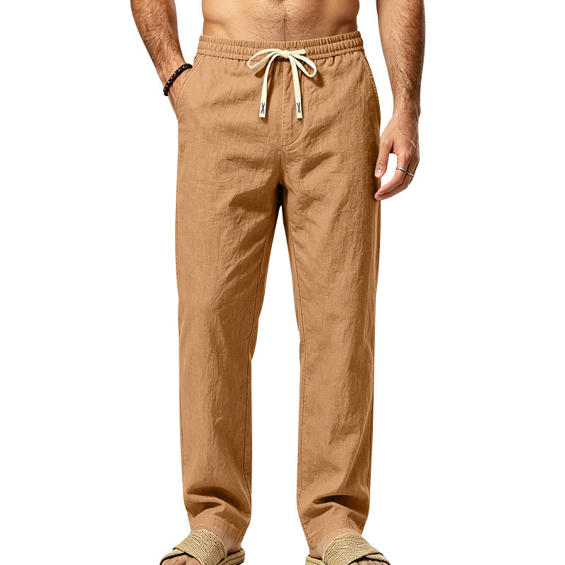 Mens Jambe droite Couleur solide Pantalon en lin casual avec cordon drawstring et élastique