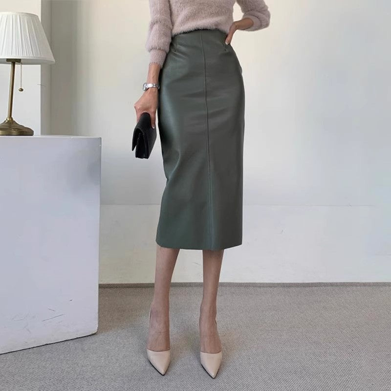 Haute taille droit dos Slit jupe Midi Drape Une-step Hip Jupe