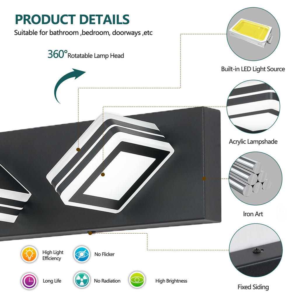 Matte Black Vanity luminaires 3 lumières haut et bas LED salle de bain moderne lumières de Vanity O