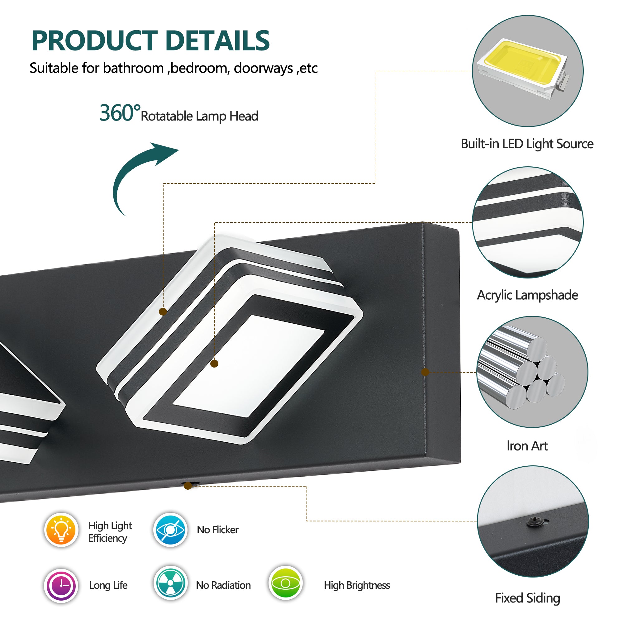 Matte Black Vanity luminaires 3 lumières haut et bas LED salle de bain moderne lumières de Vanity O