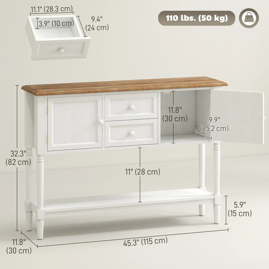 Table de console vintage avec 2 tiroirs et armoires