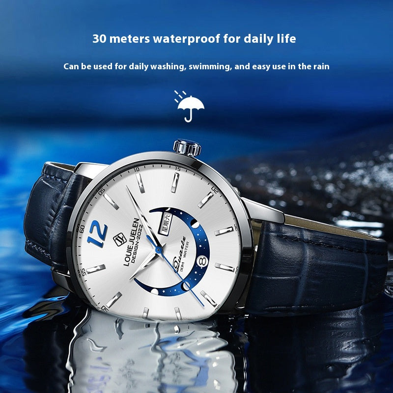 Master Moon Phase Luminous Waterproof Wrist Watch La mode masculine véritable bracelet en cuir