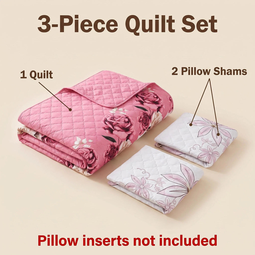 3-Piece Rose Couverture de lit matelassée pour roi et roi de Californie