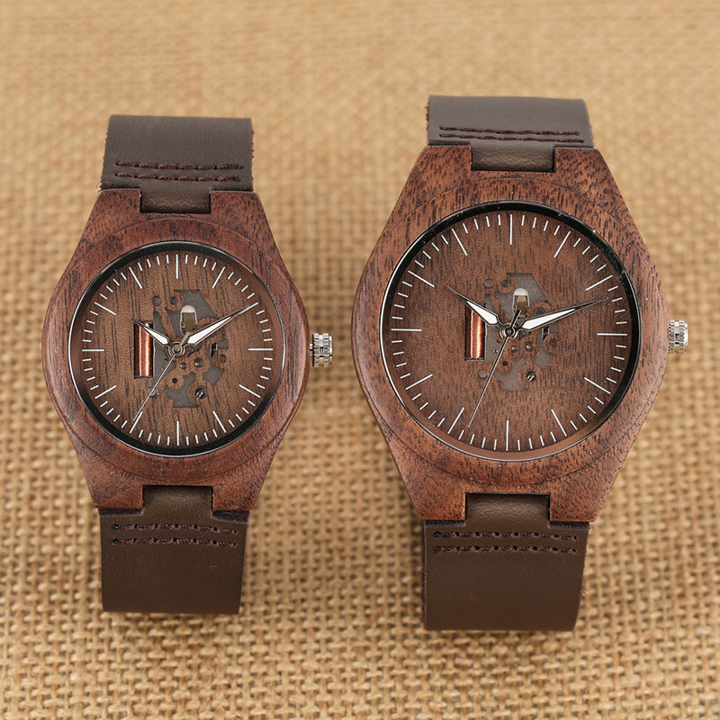 Couple Hollow Retro Walnut Casual Quartz Montre