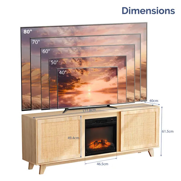 70' Chêne finition à faible profil Cheminée TV Stand avec 2 portes et avant de rotin pour 18' Insert