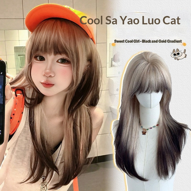 Ombre Long Curly Wig with Wispy Bangs