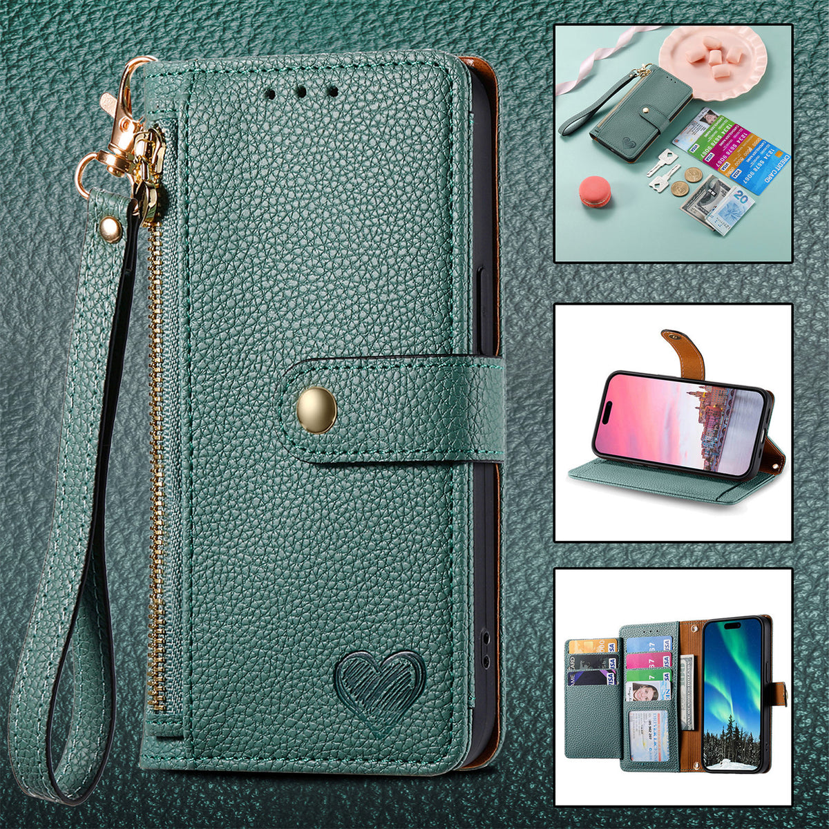 Love Sleeve PU Litchi Motif RFID antivol Lanyard Coque téléphonique