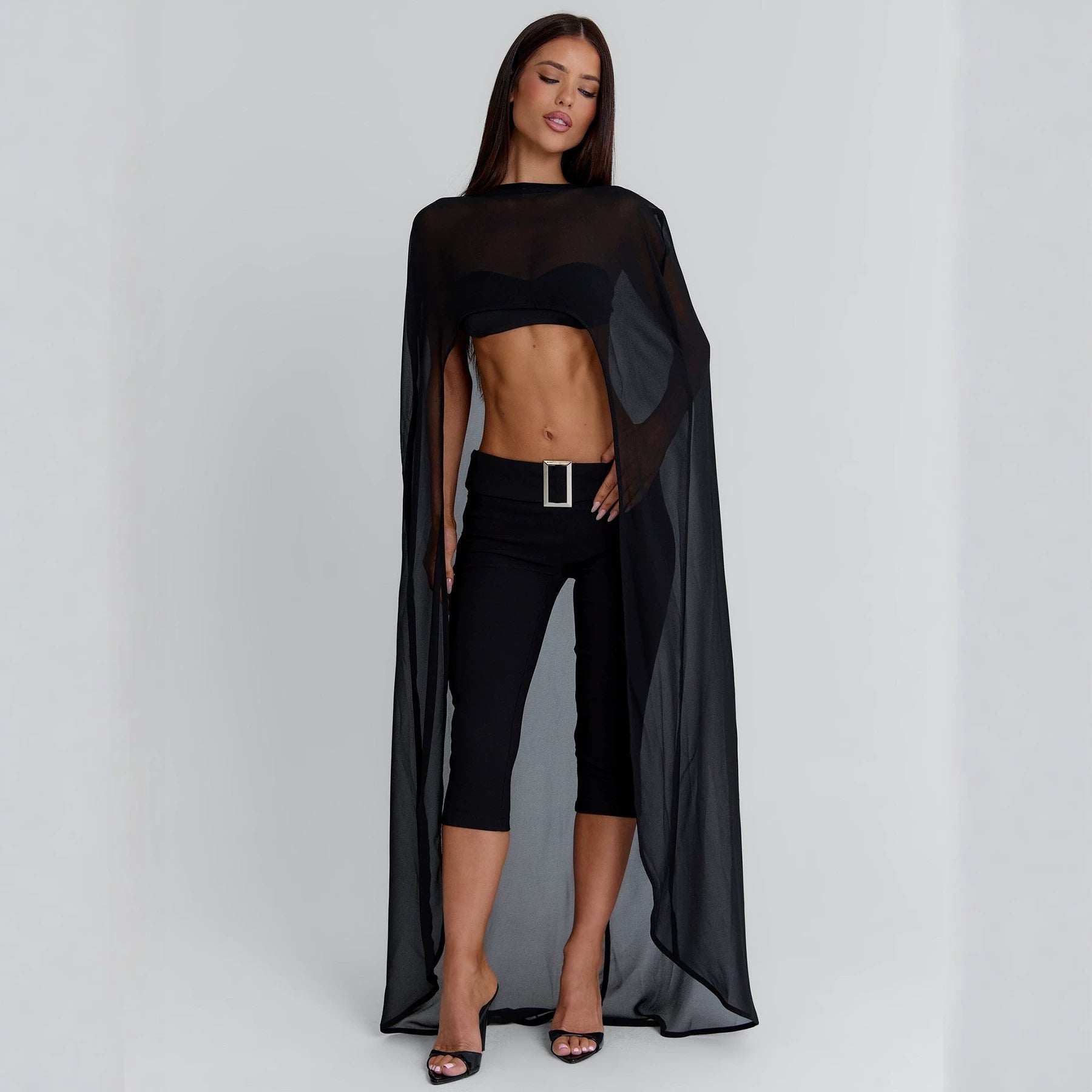 Élégantes femmes à l'aise Mesh Maxi Cape avec manches drapées Et un midriff-baraging T