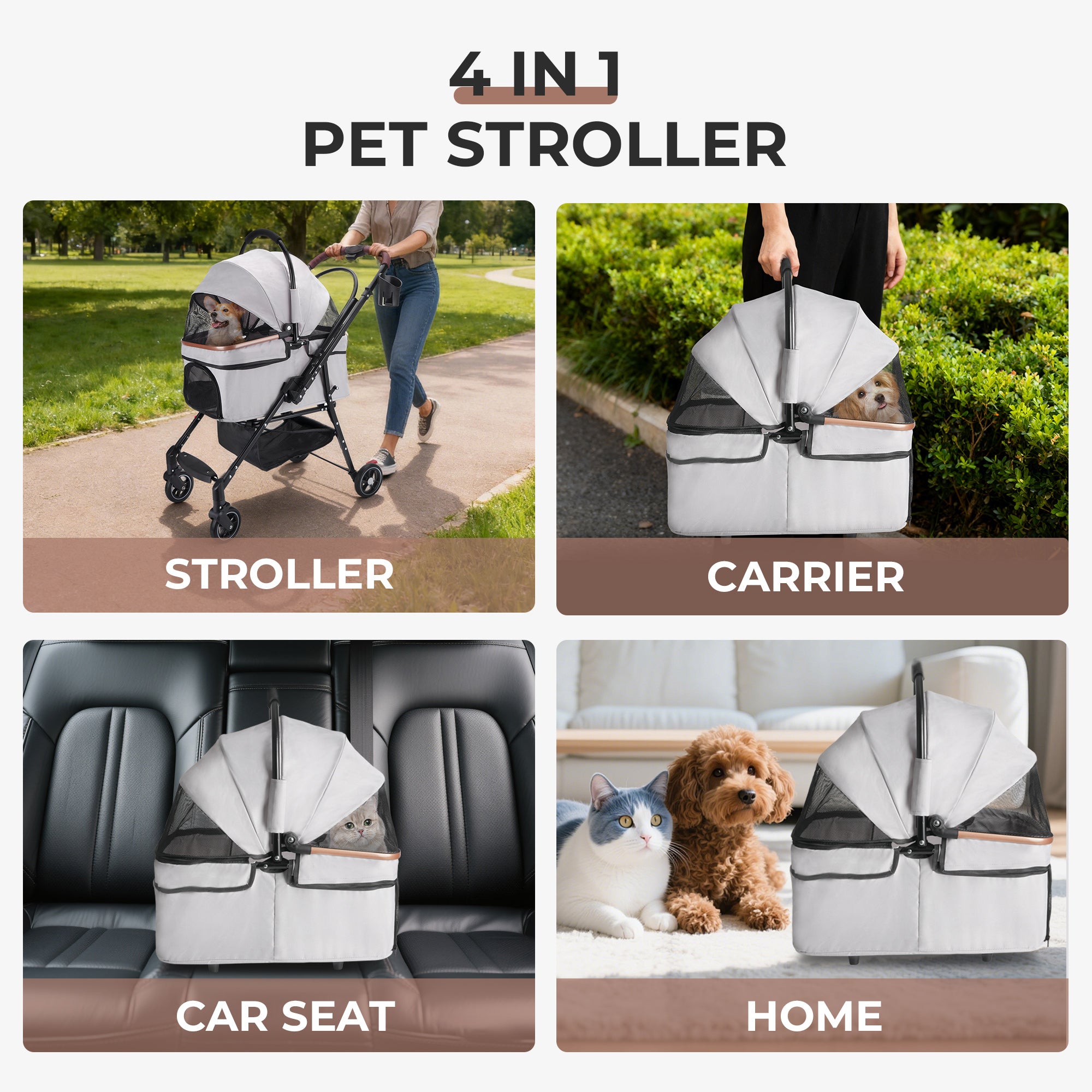 Poussette pliable 4 roues pour chiens et chats à 360°