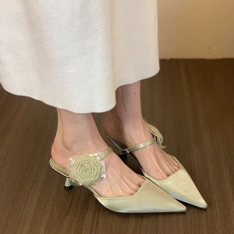 Femmes High Heel Chinese Style Floral Retro orteil fermé Mule Slippers Spring Summer Outdoo