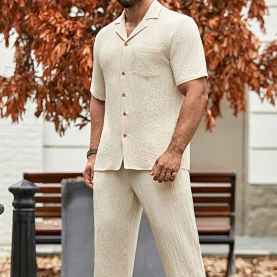 Men's solid color striped button shirt sleeves