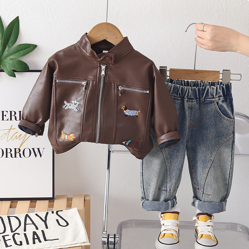 Veste en cuir pour garçons et pantalons à manches longues